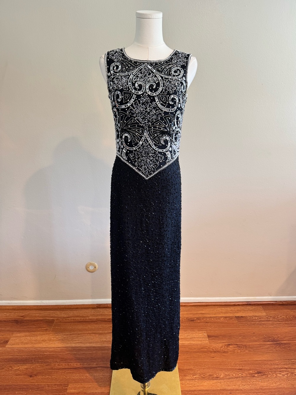 Vintage Laurence Kazar 100% Silk Black and Silver Beaded Maxi Dress